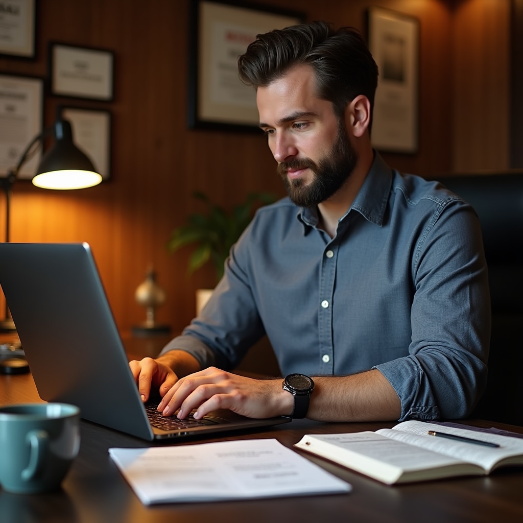 Copywriter at minimalist desk writing on laptop with coffee and notebook showing headline drafts