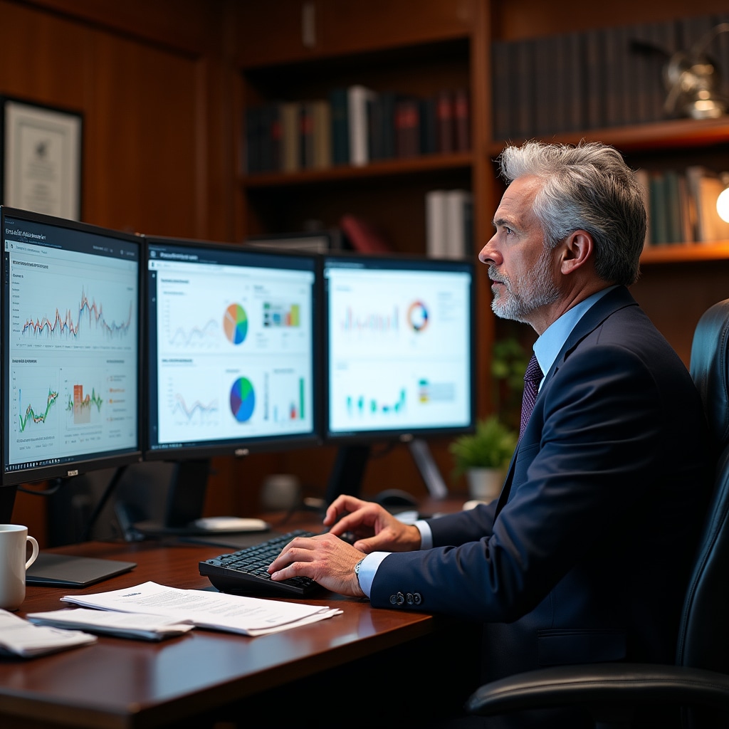 Digital marketer analyzing campaign data on multiple screens showing analytics graphs and performance metrics