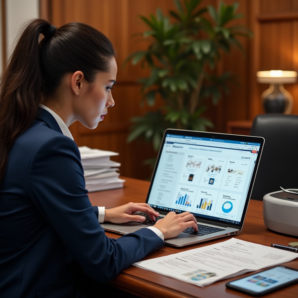 E-commerce administrator managing online store on laptop showing product listings and order dashboard