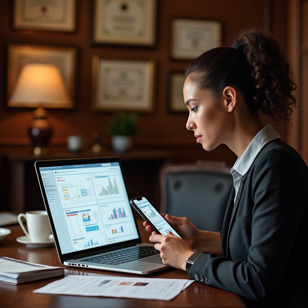 Social media manager at desk with phone and laptop showing multiple platform dashboards and content calendar