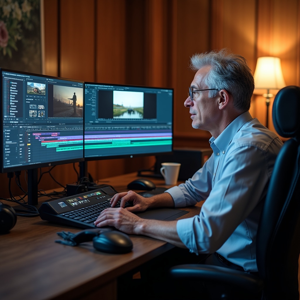 Video editor working at professional editing station with dual monitors showing timeline and preview