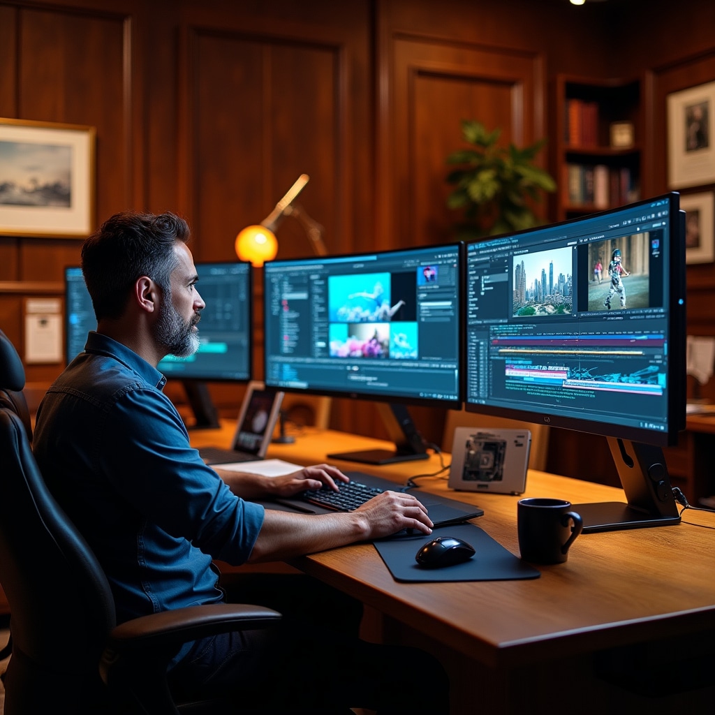 Modern digital workspace with multiple monitors displaying design work, video editing timeline, and social media dashboards
